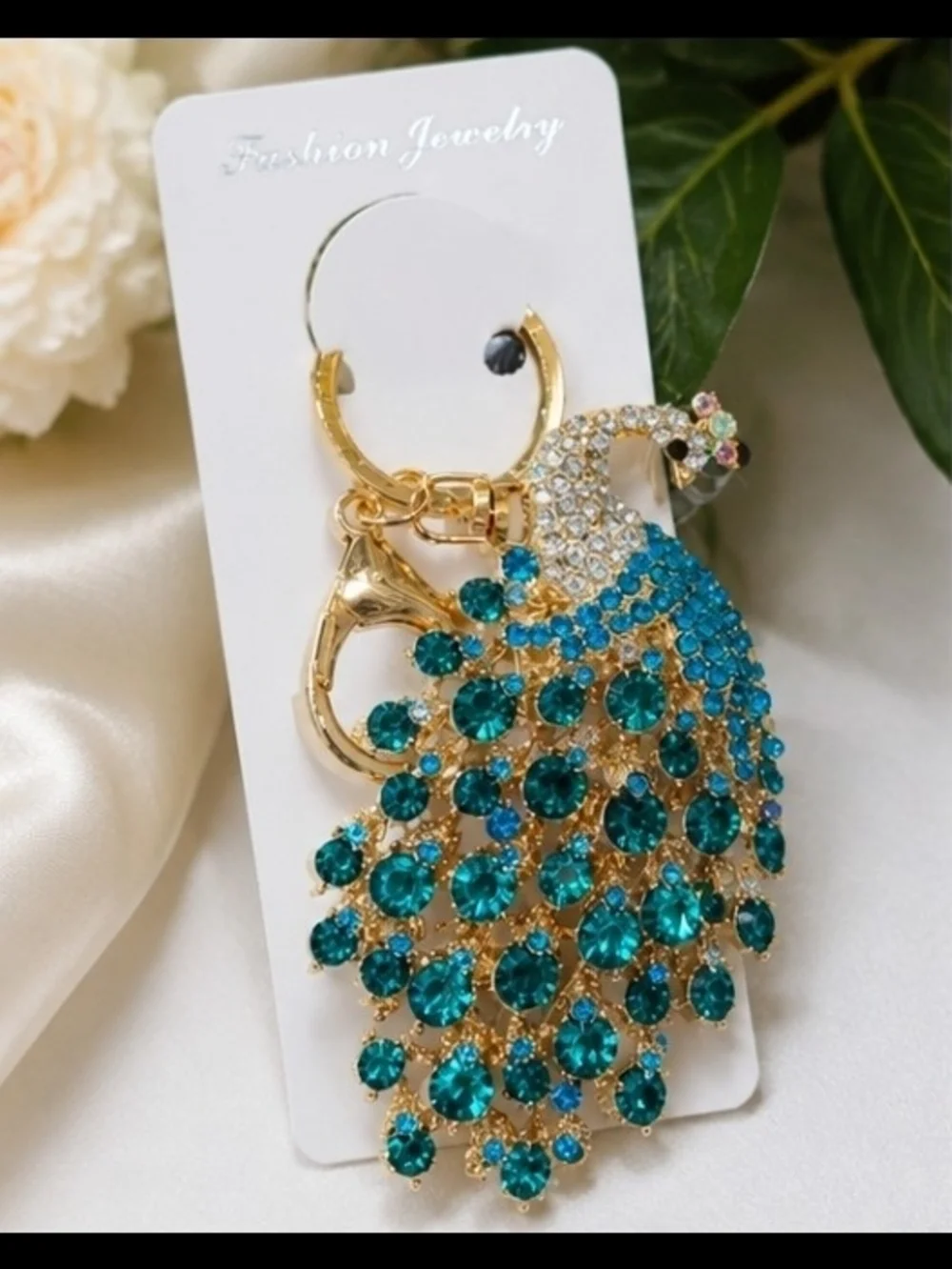 Fashion Jewelry Teal Crystal Peacock Keychain with Gold Tone